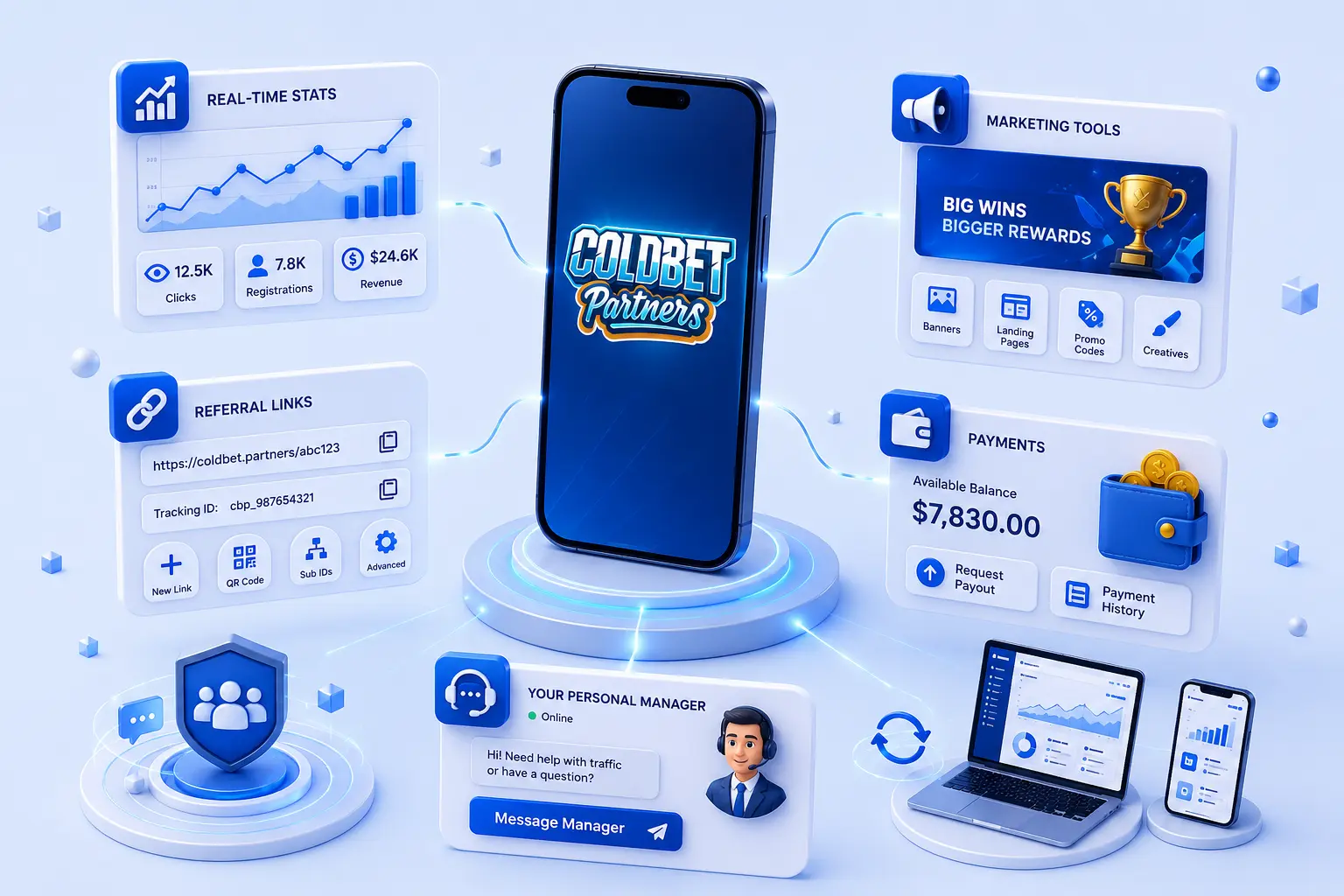 What you can do in the ColdBet Partner app: real-time stats, referral links, marketing tools, payments, personal manager chat