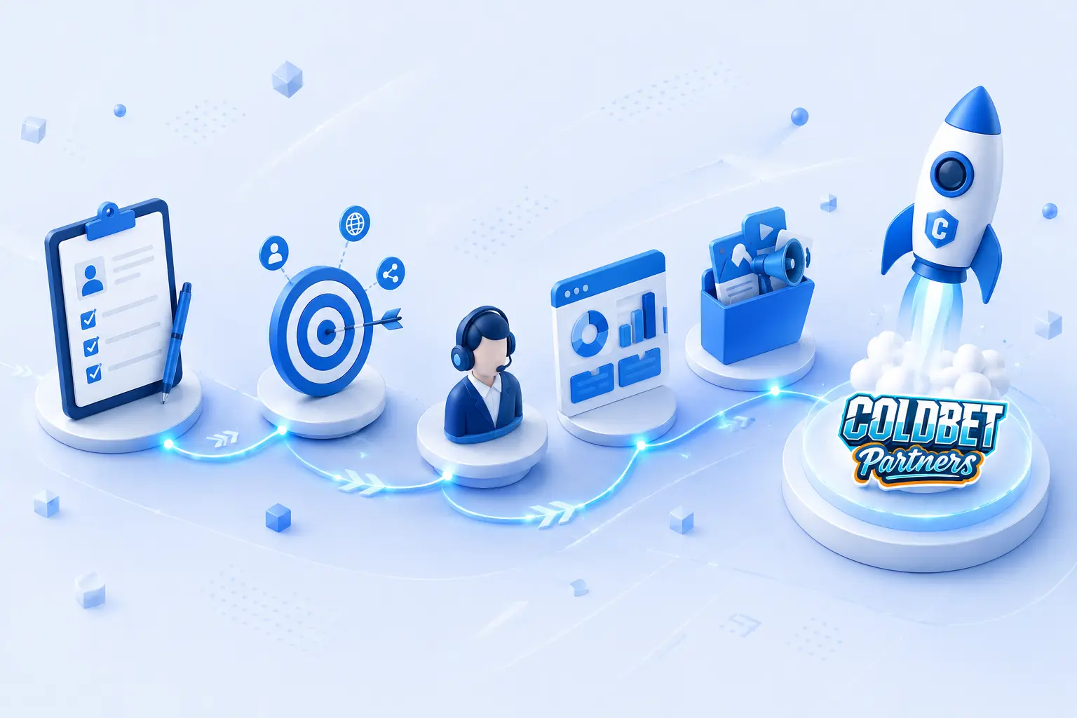 Steps to become a ColdBet affiliate partner: visit site, register, setup, accept rules, review, approved