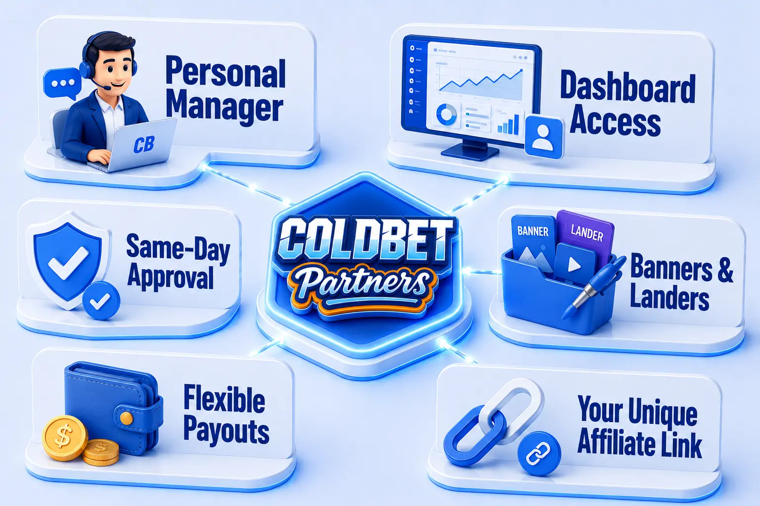 What you unlock after ColdBet partner registration: personal manager, dashboard access, same-day approval, banners and landers, flexible payouts, your unique affiliate link